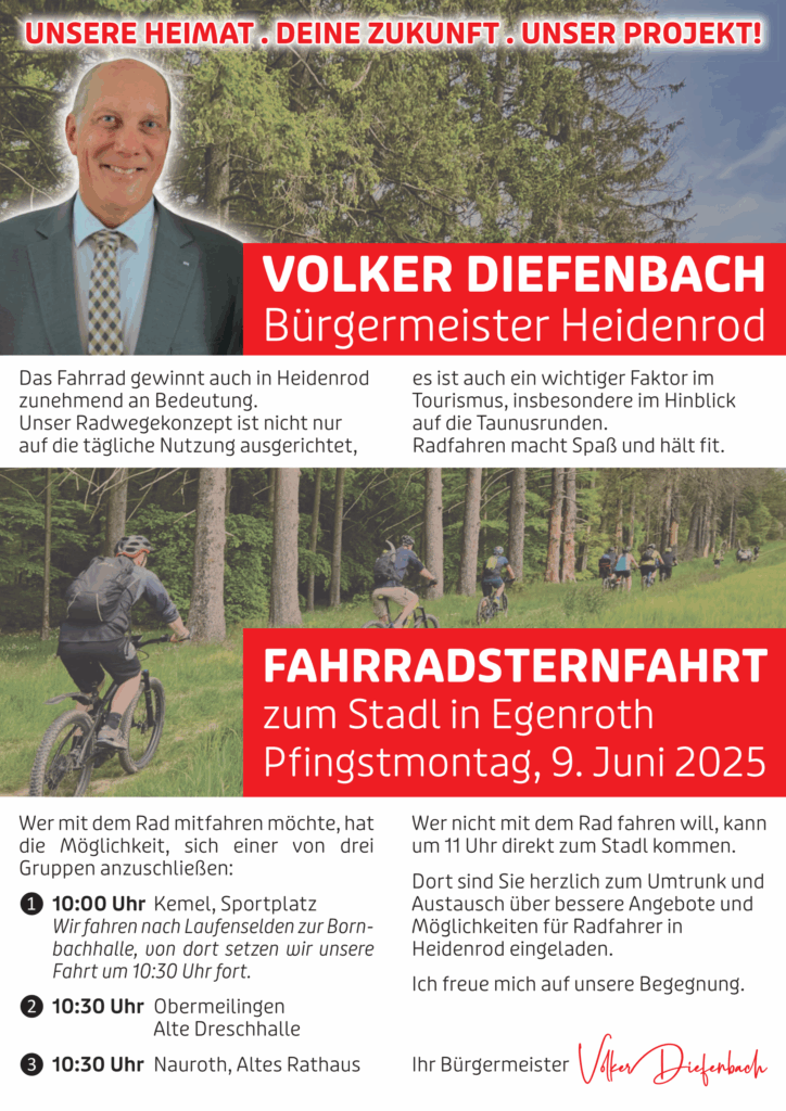 Gemeinde Heidenrod: Fahrradsternfahrt zum Stadl in Egenroth. 09 Juni 2025. Mit Bürgermeister Volker Diefenbach.
